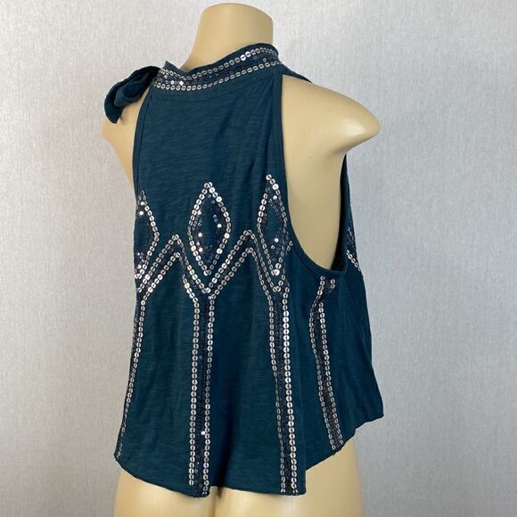 Free People Glitter City Tie Neck Mock Dark Turquoise Halter Sequin Top XS NWT - Picture 4 of 10